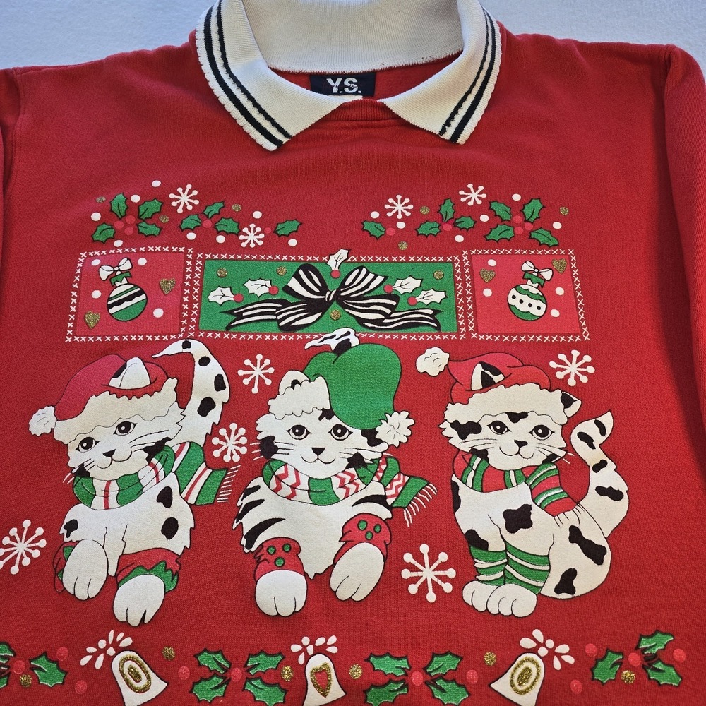 VTG 90s Christmas Kittens Sweatshirt YS America Red Collared Back Graphic 2-Side
